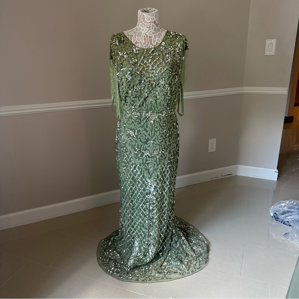 Mac Duggal Green Sequin Maxi Dress